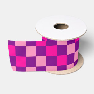 Pink Purple Pink Checkered Pattern Design Satin Ribbon