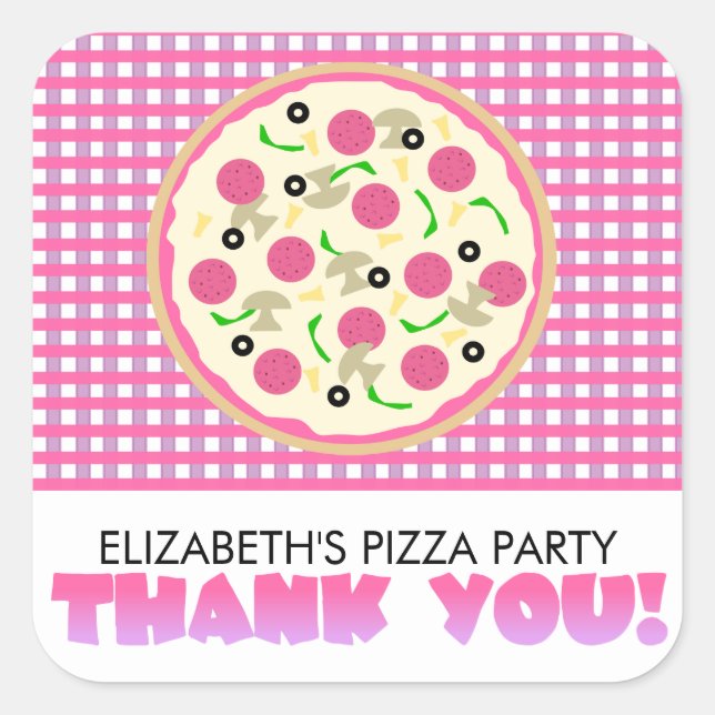 Pink Purple Pizza Party Thank You Favor Stickers (Front)