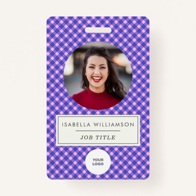 Pink Purple Plaid Employee Photo ID Corporate Badge (Front)