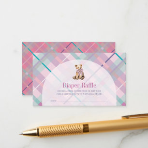 Pink Purple Plaid Teddy Bear Diaper Raffle Ticket Enclosure Card