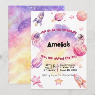 Pink Purple Planet Space First Trip Around the Sun Invitation
