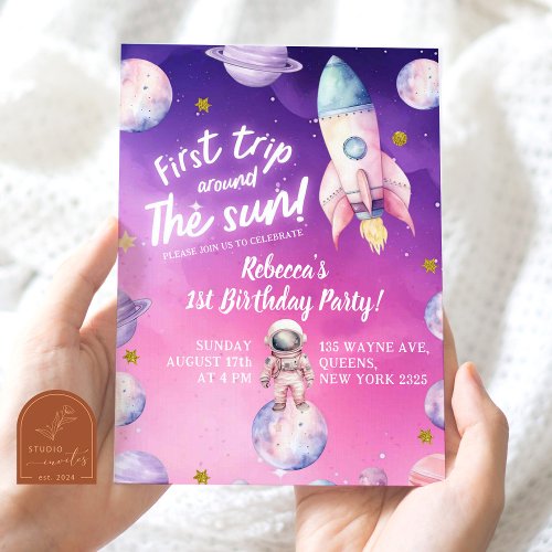 Pink Purple Planet Space Girls First birthday Invitation