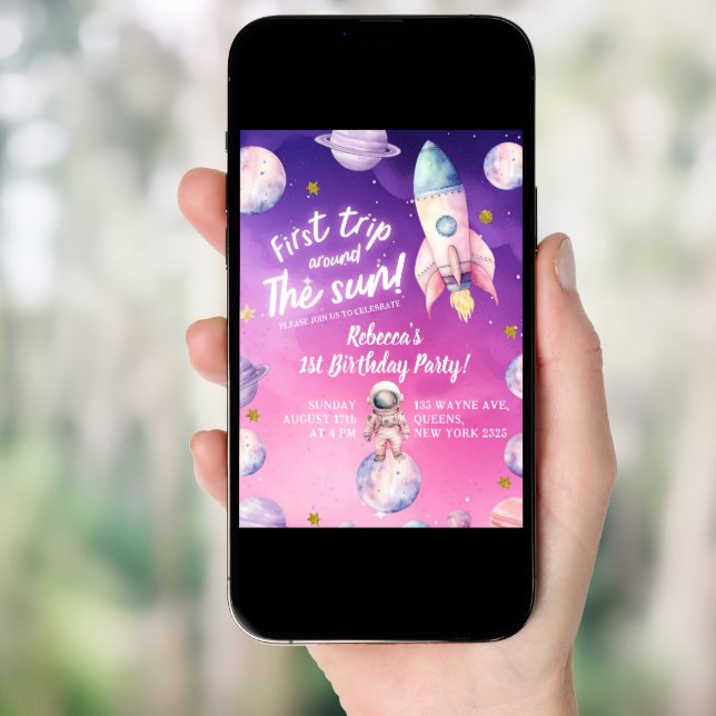 Pink Purple Planet Space Girl's First birthday Invitation (Front Digital)