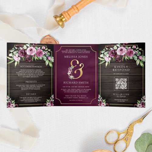 Pink Purple Plum Floral Ampersand Wood QR Wedding Tri_Fold Invitation