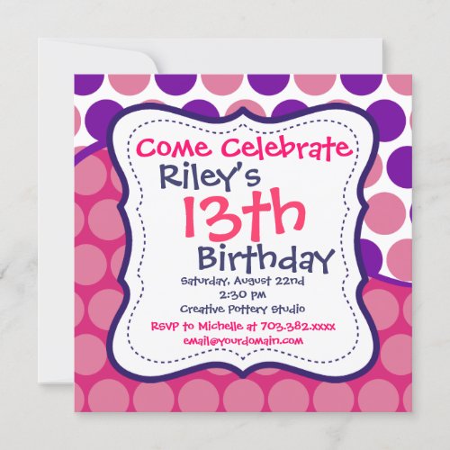 Pink Purple Polka Dots Birthday Party Invitations