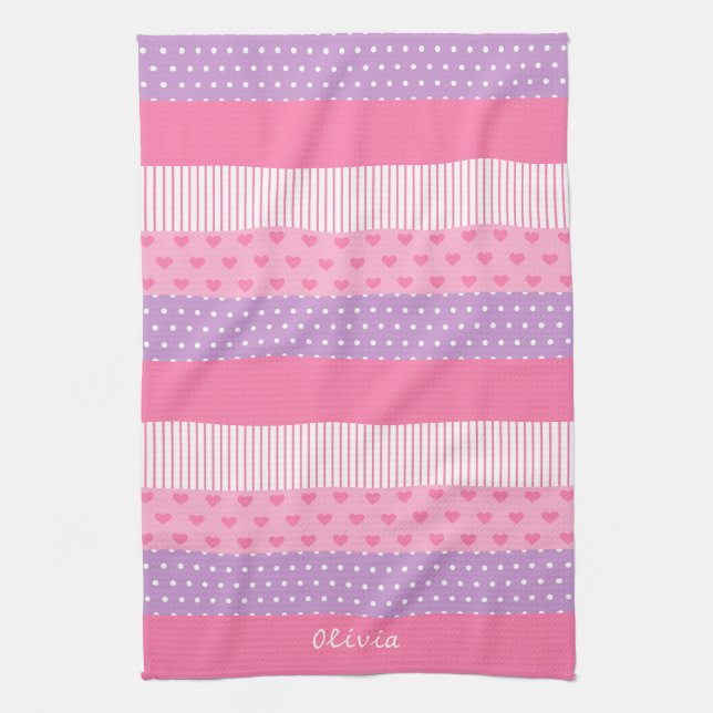 Pink Purple Polka Dots Stripes Hearts Pattern Towel (Vertical)