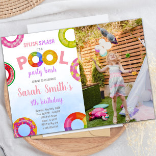 Pink Purple Pool Birthday Invitations with photo