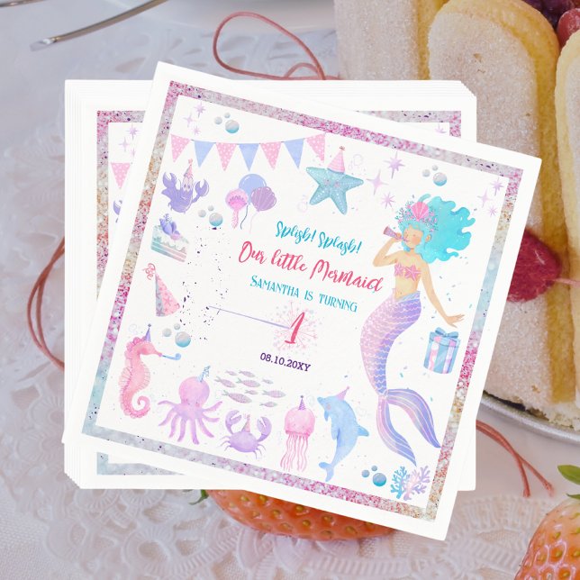 Pink Purple Pool Party 1st Girls Mermaid Birthday Napkins (Creator Uploaded)