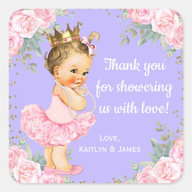 Pink Purple Princess Baby Shower Favor Stickers (Front)