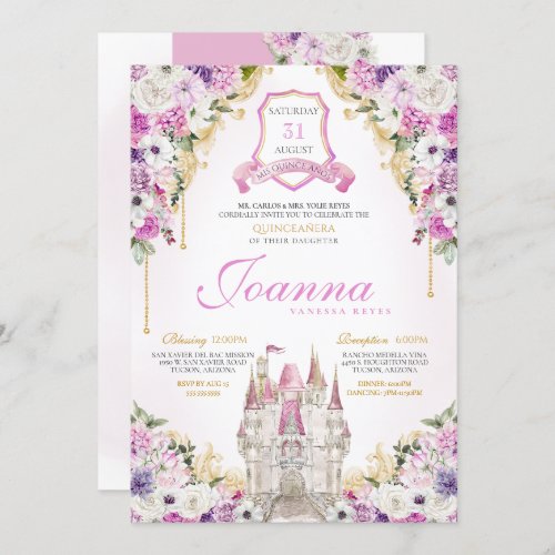 Pink Purple Princess Castle Royal Quinceanera Invitation