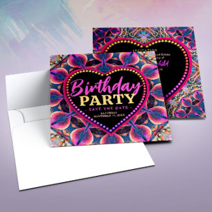 Pink Purple Psychedelic Hippie Heart Birthday Save The Date