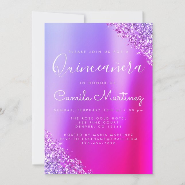 Pink Purple Quinceanera Glitter Party Invitation (Front)