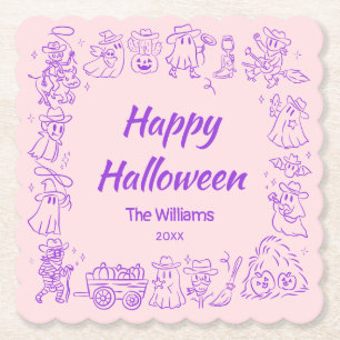 Pink Purple Quirky Hand Drawn Doodles Halloween Paper Coaster