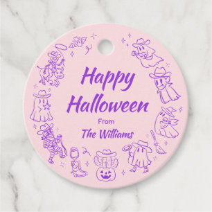 Pink Purple Quirky Hand Drawn Happy Halloween Favor Tags