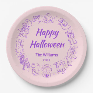 Pink Purple Quirky Hand Drawn Happy Halloween Paper Plates