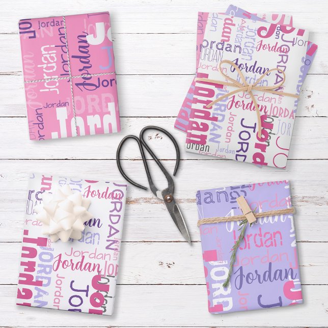Pink Purple Repeating Name Personalized  Wrapping Paper Sheets (Set includes three sheets - one of each color.)