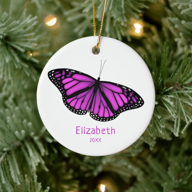 pink purple resting butterfly personalized ceramic ornament (Tree)