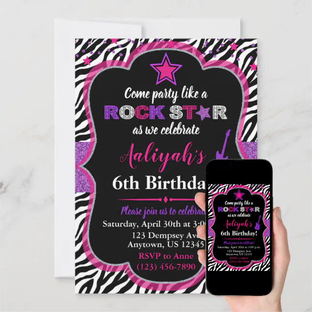 Pink &amp; Purple Rock Star Girl Birthday Invitation | Zazzle