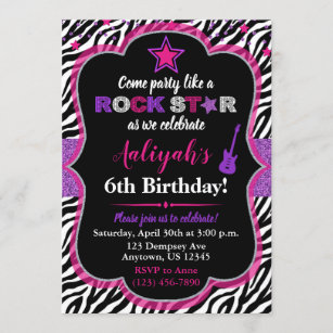 20 Personalized Birthday Invitations Pink Zebra Rock Star 