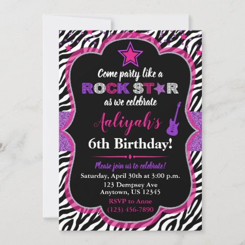 Pink  Purple Rock Star Girl Birthday Invitation