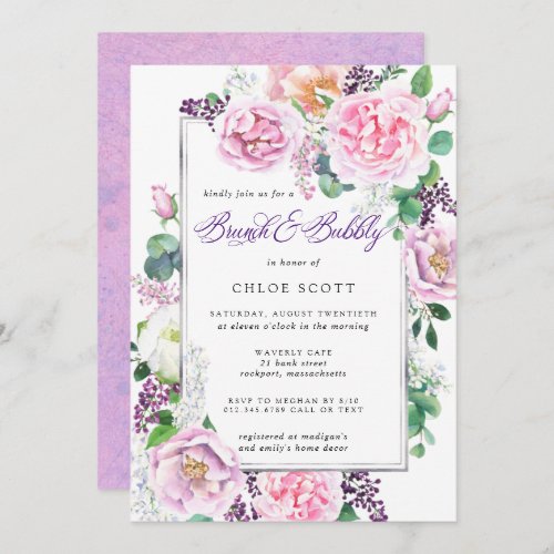Pink Purple Rose Floral Bridal Brunch Bubbly Invitation