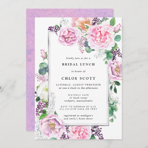 Pink Purple Rose Floral Bridal Lunch Invitation