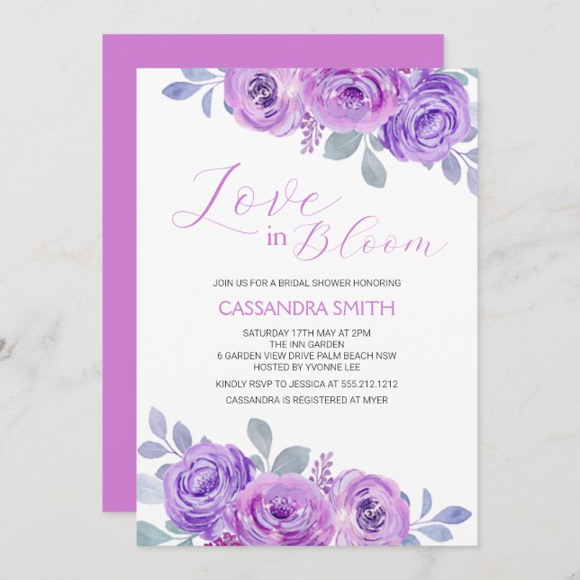 Pink Purple Rose Floral Bridal Shower Invitation (Front/Back)