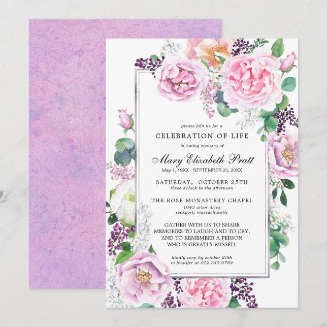 Pink Purple Rose Floral Celebration of Life Invitation (Front/Back)