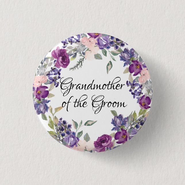 Pink & Purple Rose Floral Grandmother of the Groom Button (Front)