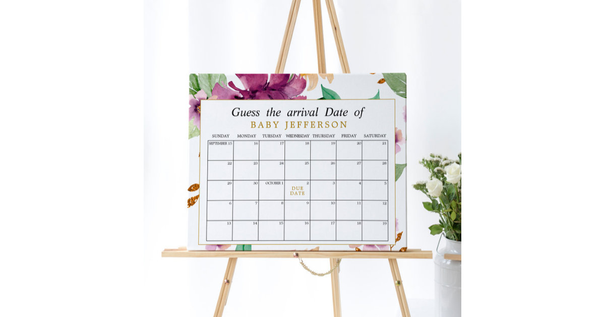 Pink Purple Rose Floral Guess Due Date Calendar Poster Zazzle
