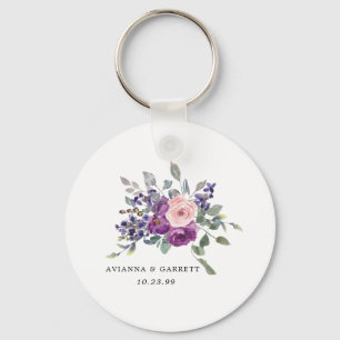 Pink Purple Rose Floral Personalized Wedding Favor Keychain