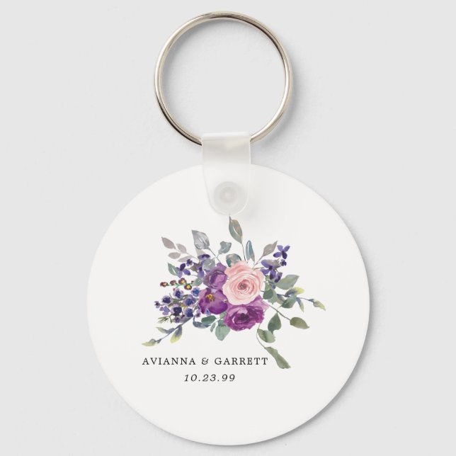 Pink Purple Rose Floral Personalized Wedding Favor Keychain (Front)
