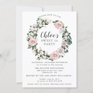 Pink Purple Rose Floral Wreath Sweet Sixteen Party Invitation