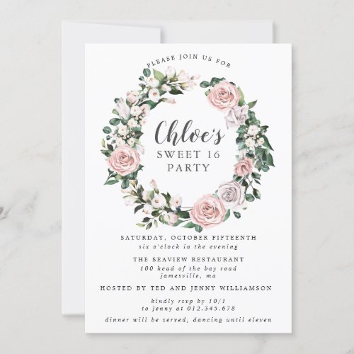 Pink Purple Rose Floral Wreath Sweet Sixteen Party Invitation