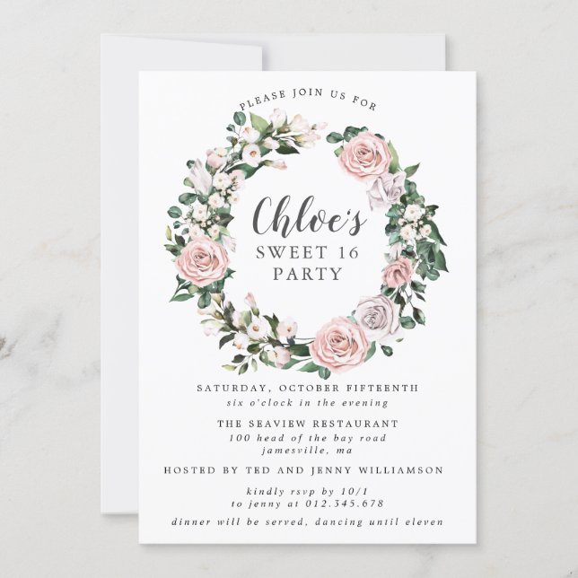 Pink Purple Rose Floral Wreath Sweet Sixteen Party Invitation (Front)