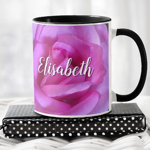 Pink purple rose flower close_up photo custom name mug