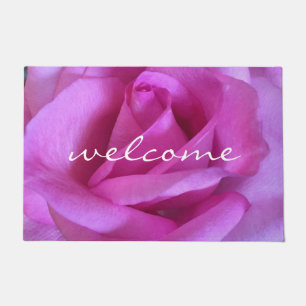 Pink Purple Rose Flower Photo Bold Welcome Script  Doormat