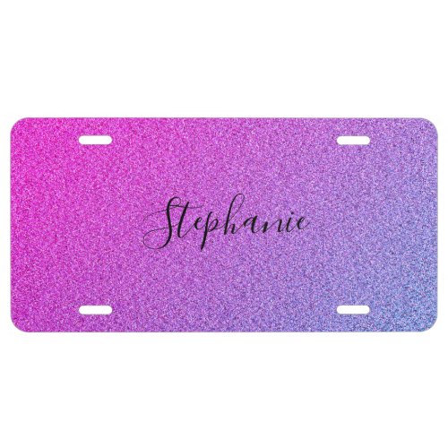 Pink Purple Rose Glitter Ombre Custom Name License Plate