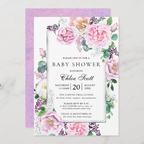 Pink Purple Rose Peony Floral Baby Shower Invitation
