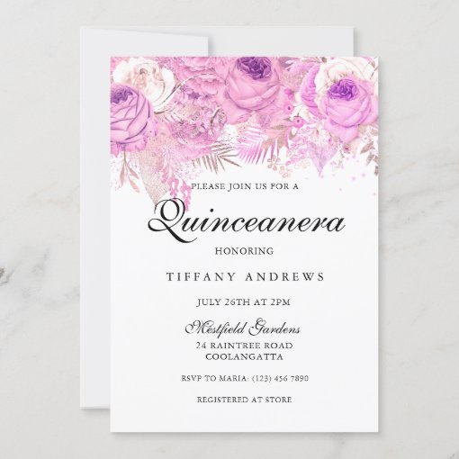 Pink & Purple Roses Dress Quinceanera Invite | Zazzle