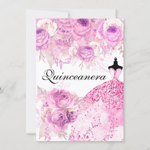 Pink & Purple Roses Dress Quinceanera Invite