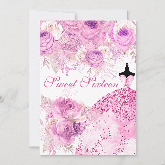 Pink & Purple Roses Dress Sweet 16 Invitation (Front)