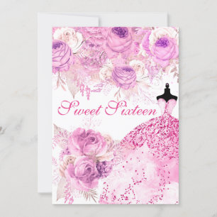 Pink & Purple Roses Dress Sweet 16 Invitation