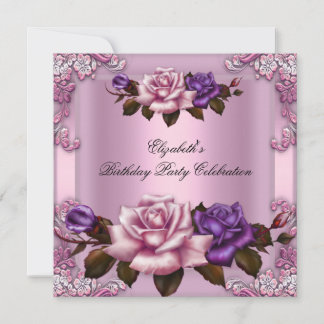 Pink Purple Roses Elegant Birthday Party 2 Invitation
