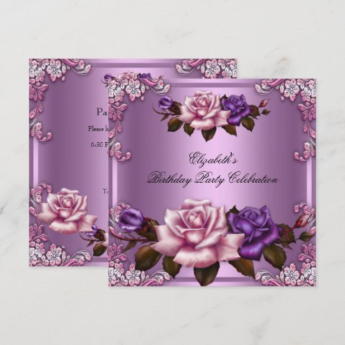 Pink Purple Roses Elegant Birthday Party 5.25x5.25 Square Paper Invitation Card