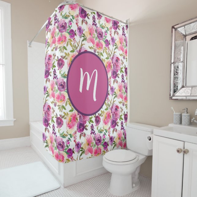 Pink Purple Roses Floral Girly Initial Monogrammed Shower Curtain (In Situ)