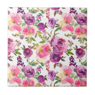 Pink Purple Roses Floral Girly Trendy Ceramic Tile