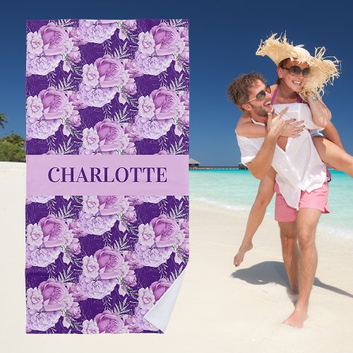 Pink purple roses flowers name beach towel