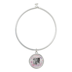 Pink purple roses hearts floral photo watercolor bangle bracelet