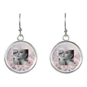 Pink purple roses hearts floral photo watercolor earrings